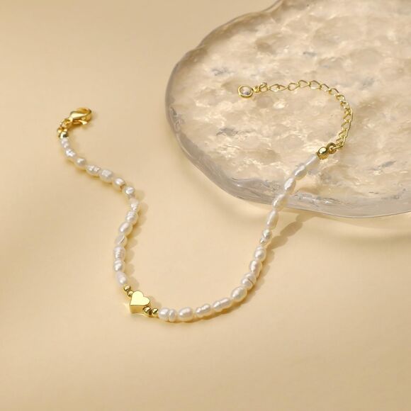 Beaded Freshwater Pearl Bracelet with Stainless Steel Heart Charm Pearl Bracelet - Picture 4 of 6